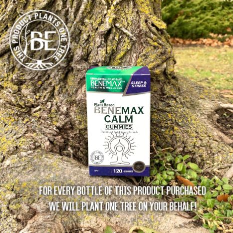 
                  
                    Benemax calm gummies package in front of tree trunk illustrating plant-based product
                  
                