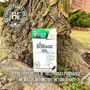 
                  
                    Benemax borage oil package in front of tree trunk to illustrate plant one tree
                  
                